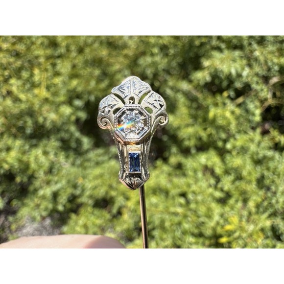 Antique 18k Solid White Gold Old Mine‎ Cut Diamond Sapphire Stickpin - Hat pin - Picture 10 of 11